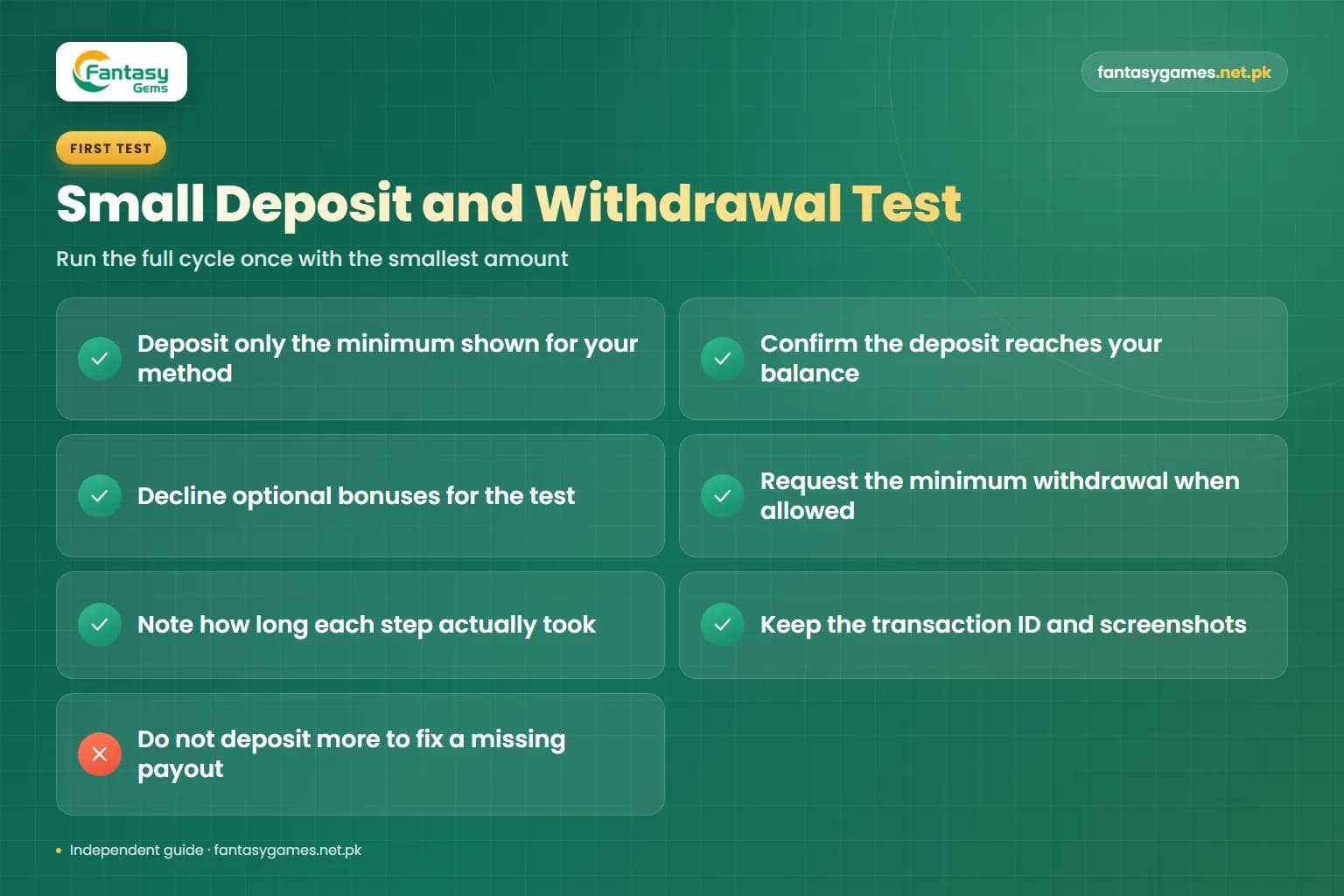 Checklist for testing the Fantasy Gems minimum deposit and withdrawal with a small payment before trusting larger amounts