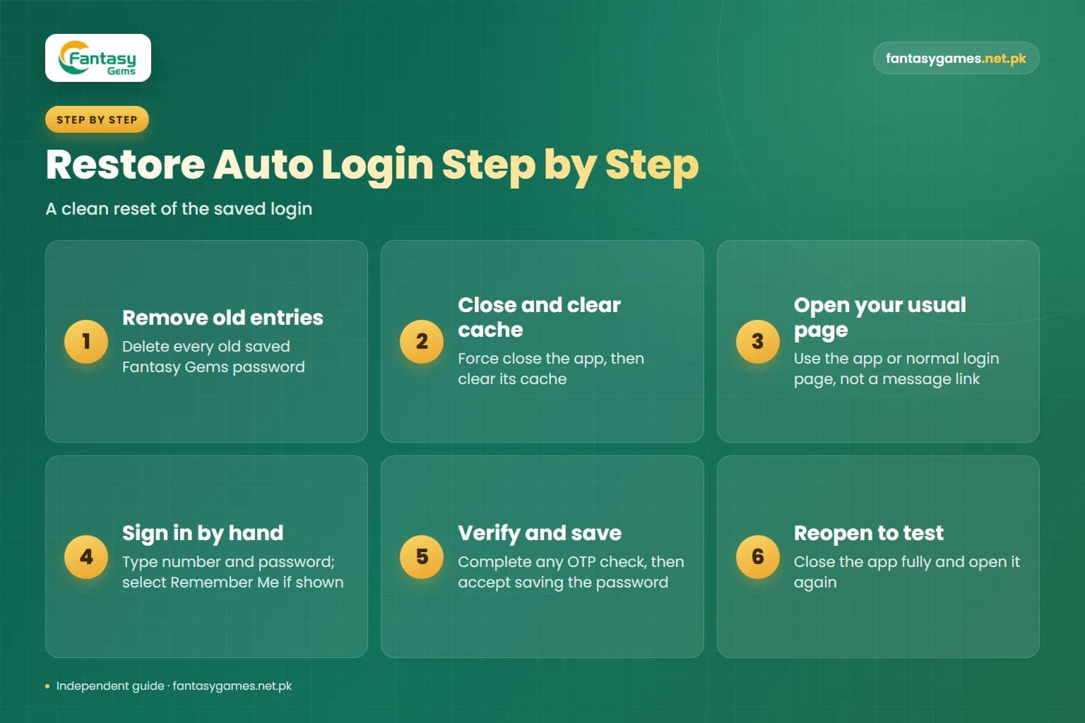 Six steps to restore a saved sign-in when Fantasy Gems auto login not working keeps sending you to the login screen