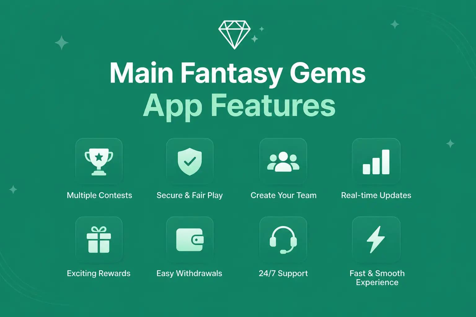 Fantasy Gems app main features graphic covering account access, lobby, wallet and bonuses