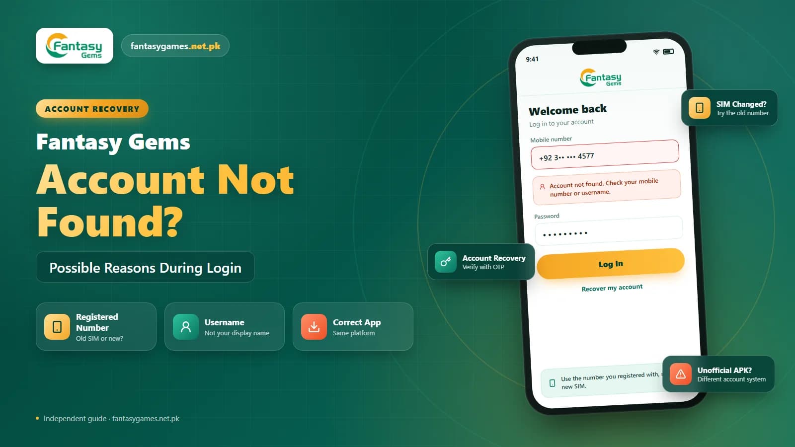 Fantasy Gems account not found error on a phone login screen with the registered number field highlighted Fantasy Gems account not found error on a phone login screen with the registered number field highlighted