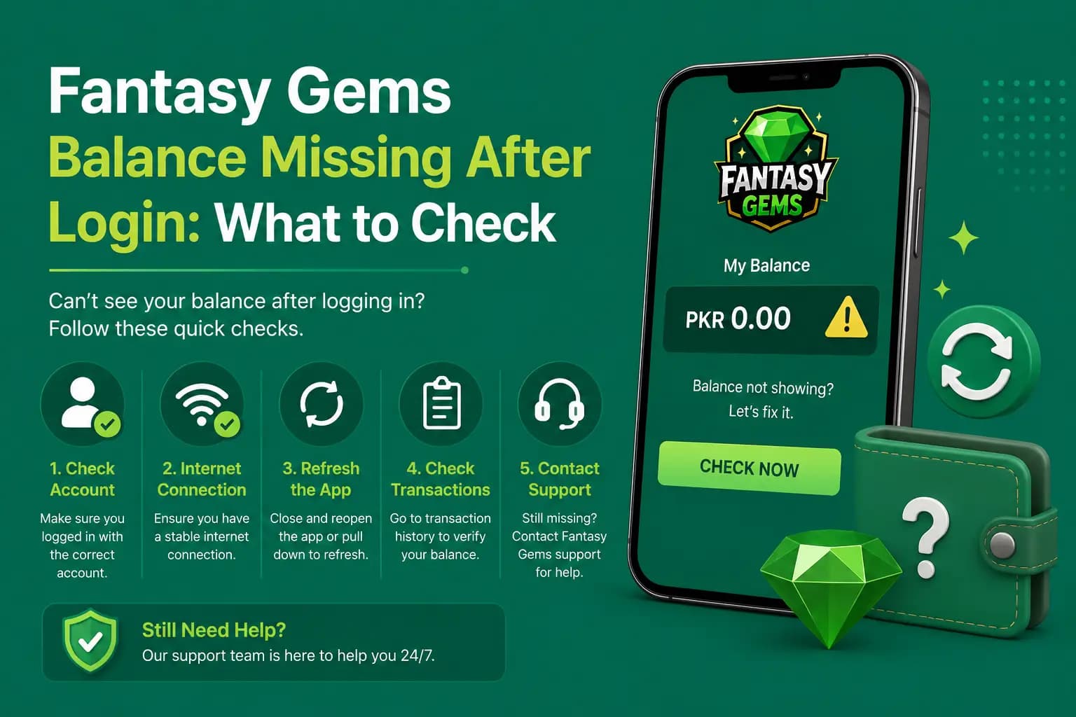 Fantasy Gems balance missing after login troubleshooting graphic Fantasy Gems balance missing after login troubleshooting graphic