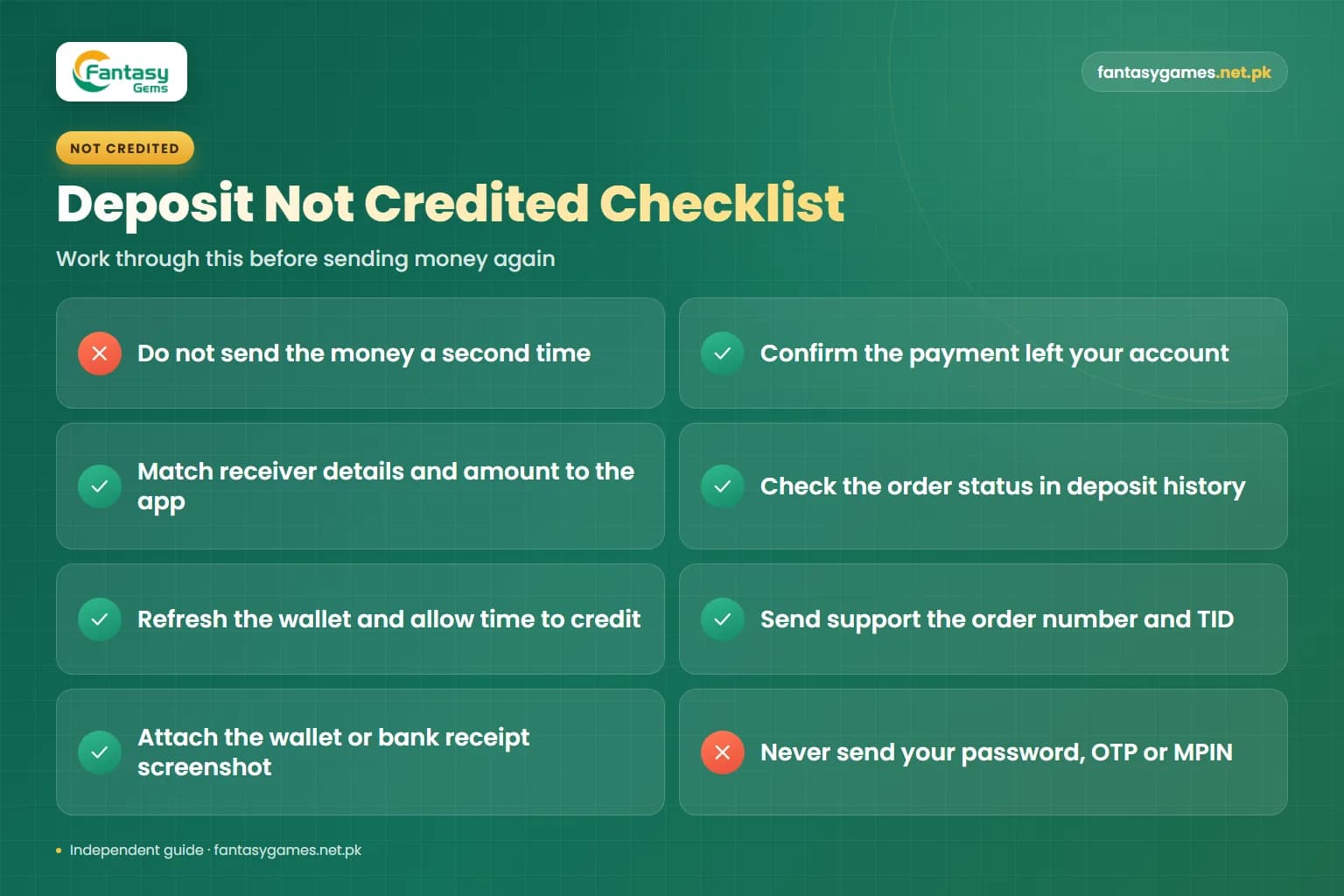 Checklist for a Fantasy Gems JazzCash Easypaisa deposit not credited, covering what to verify and what to send in-app support Checklist for a Fantasy Gems JazzCash Easypaisa deposit not credited, covering what to verify and what to send in-app support