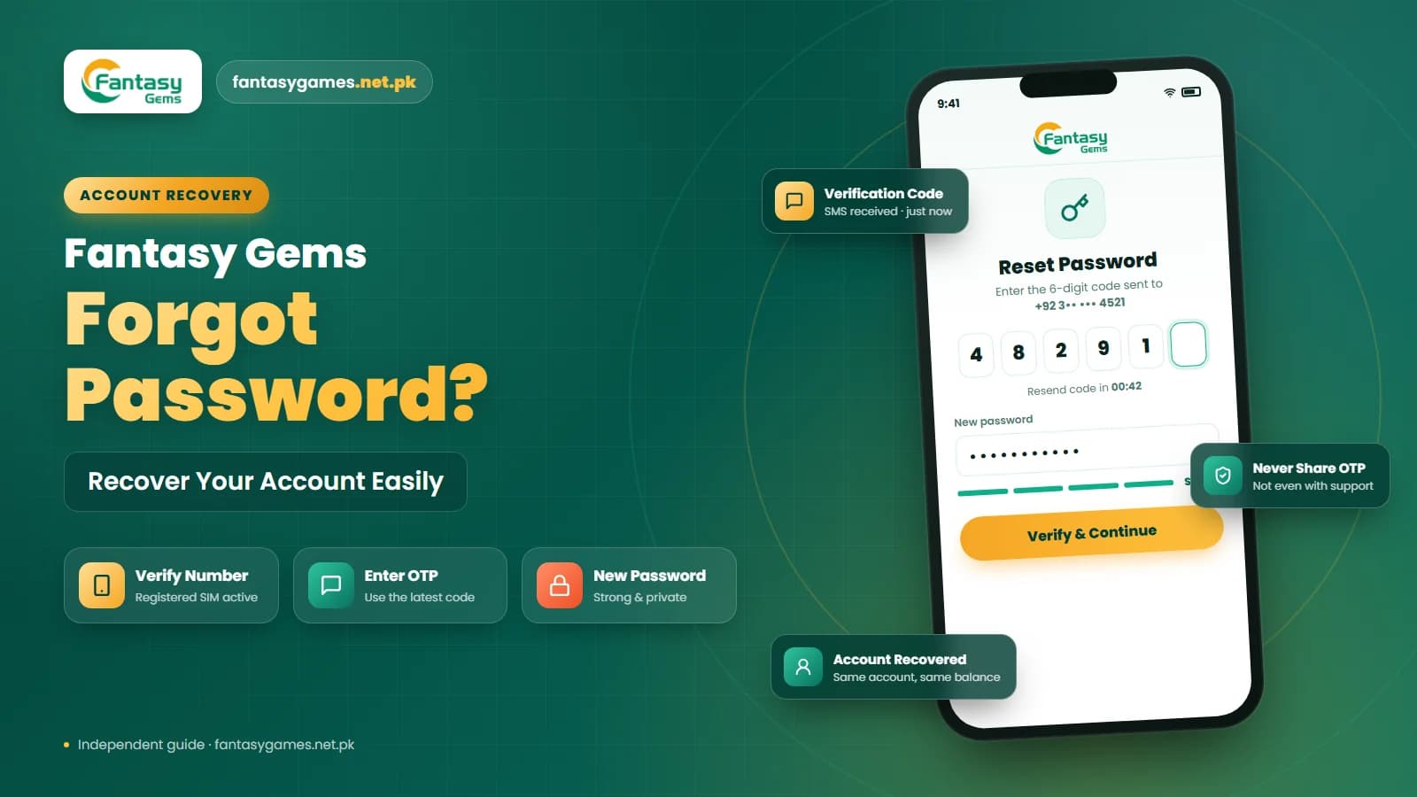Fantasy Gems forgot password screen showing the reset option, OTP entry and new password fields on a phone Fantasy Gems forgot password screen showing the reset option, OTP entry and new password fields on a phone