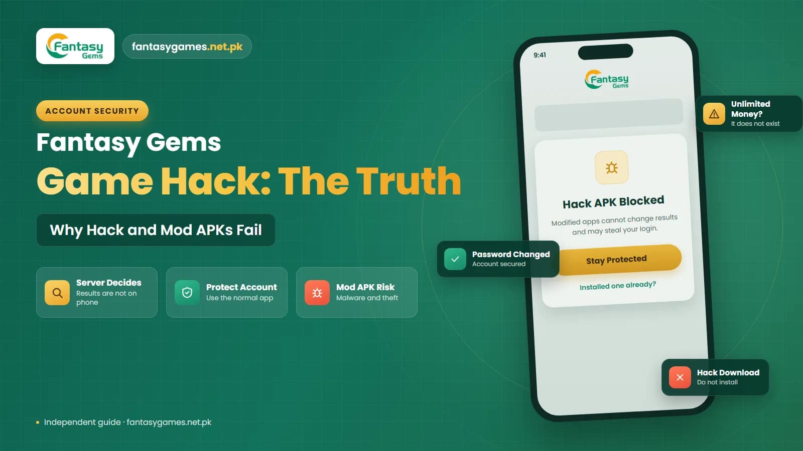 Fantasy Gems game hack warning showing a phone with a fake mod APK download and a red security alert Fantasy Gems game hack warning showing a phone with a fake mod APK download and a red security alert