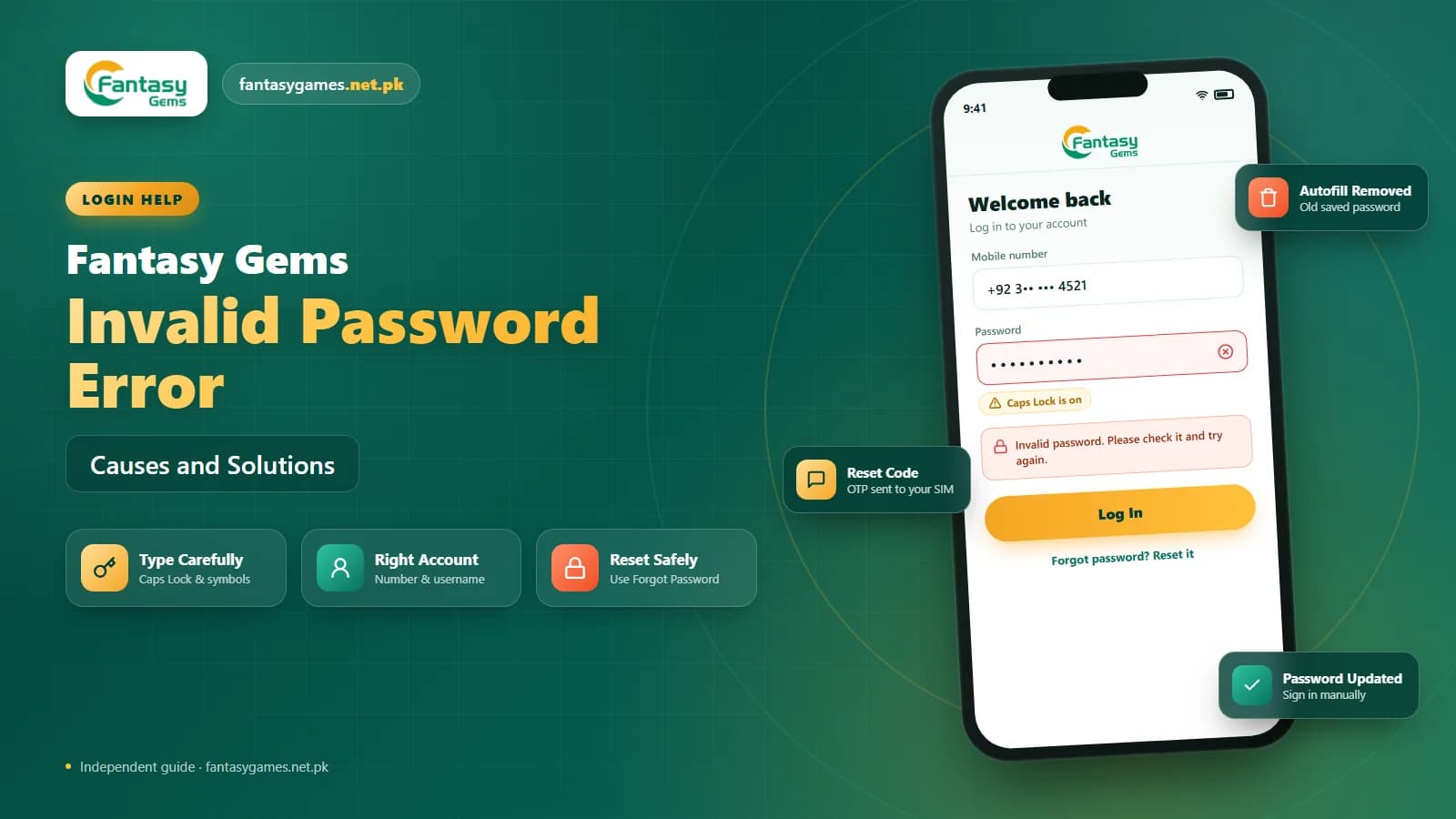 Fantasy Gems invalid password error message on the login screen with the password field highlighted Fantasy Gems invalid password error message on the login screen with the password field highlighted