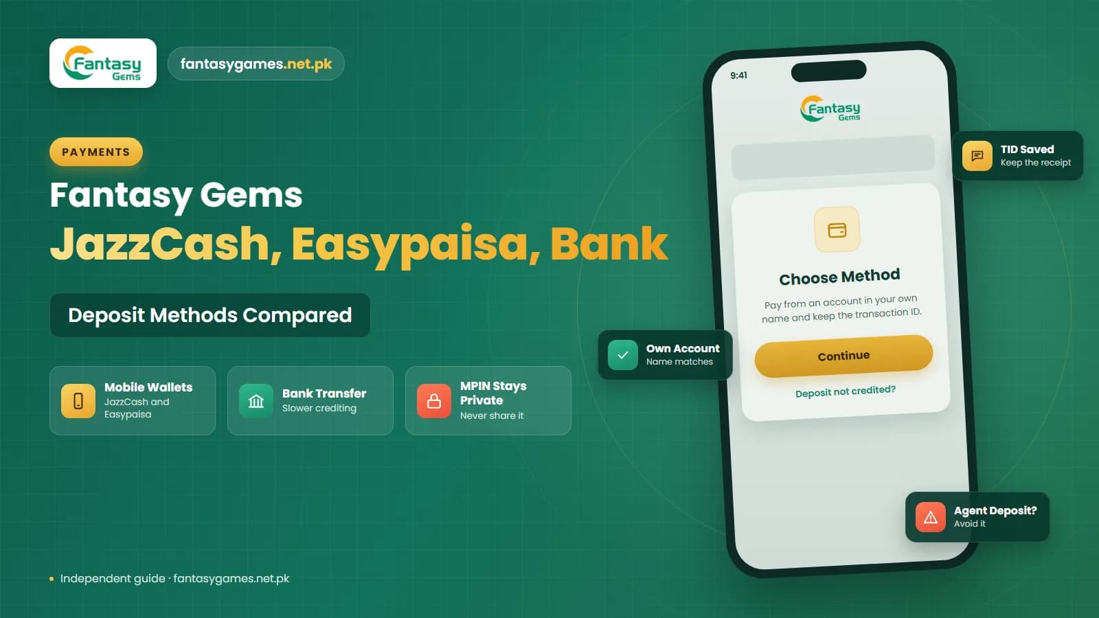 Fantasy Gems JazzCash, Easypaisa and bank transfer payment methods compared side by side on a phone deposit screen Fantasy Gems JazzCash, Easypaisa and bank transfer payment methods compared side by side on a phone deposit screen