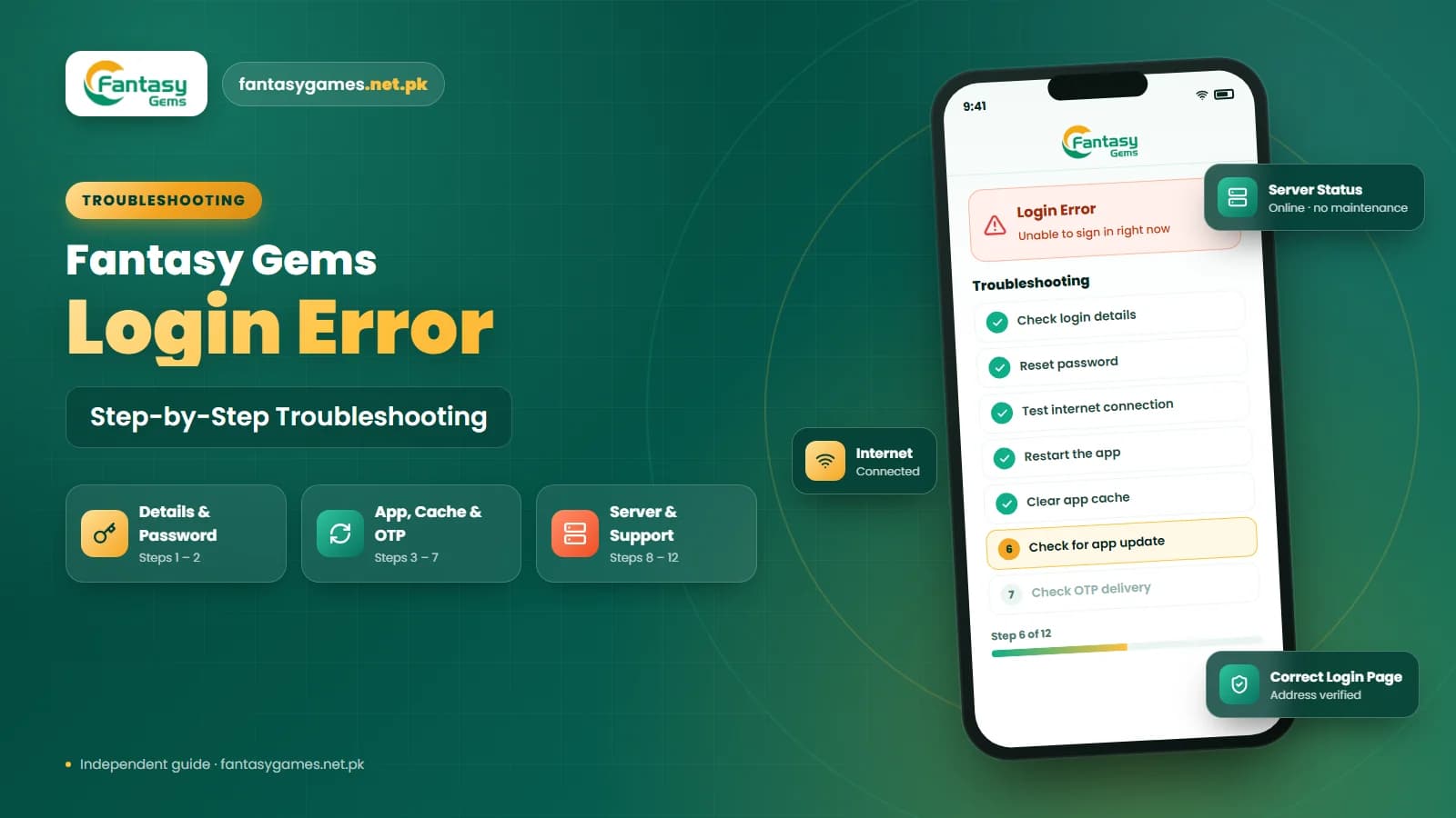 Fantasy Gems login error message on a phone screen with the matching fixes listed beside it Fantasy Gems login error message on a phone screen with the matching fixes listed beside it
