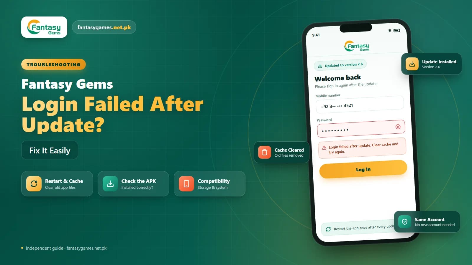 Android phone showing a Fantasy Gems login failed after app update error on the sign-in screen Android phone showing a Fantasy Gems login failed after app update error on the sign-in screen