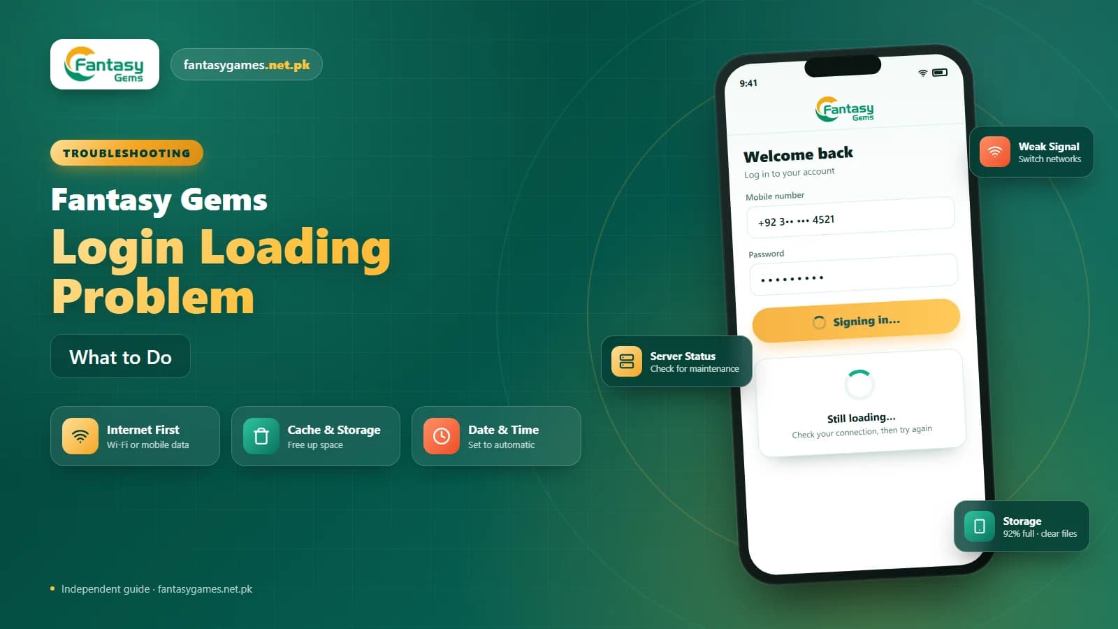Fantasy Gems login loading problem shown as a spinning loader on a phone beside the fixes Fantasy Gems login loading problem shown as a spinning loader on a phone beside the fixes