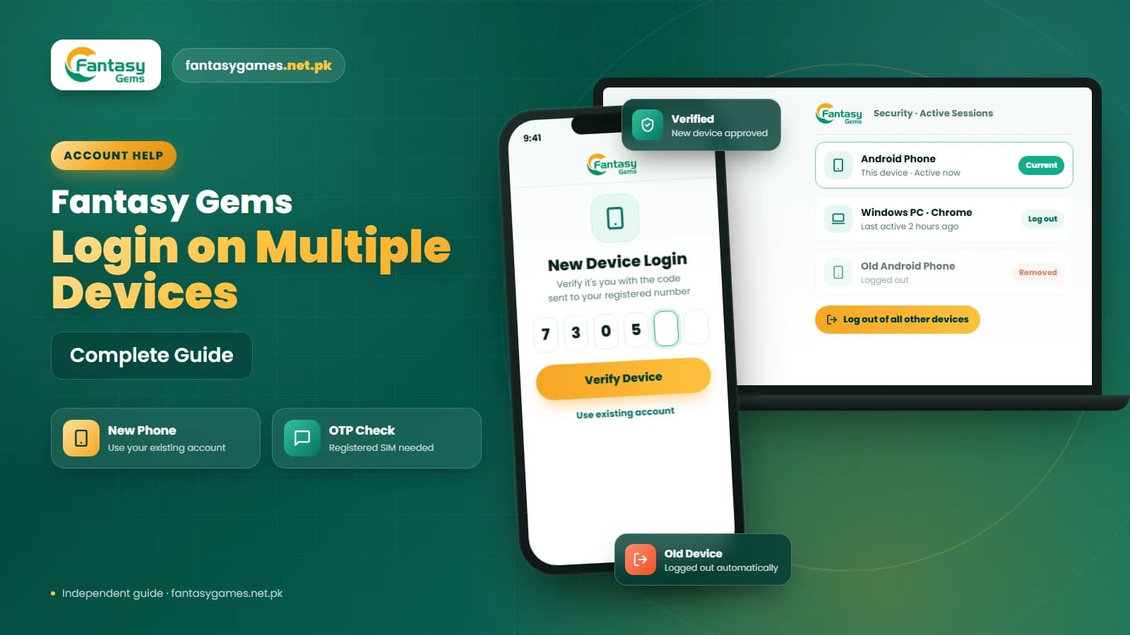 Fantasy Gems login on multiple devices shown on a phone and a laptop signed in to the same account Fantasy Gems login on multiple devices shown on a phone and a laptop signed in to the same account