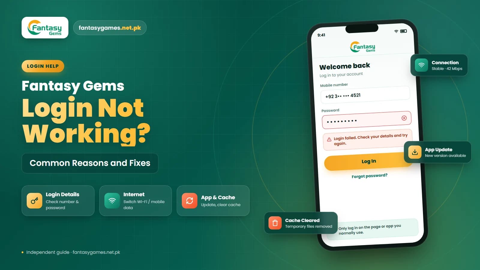 Phone showing a Fantasy Gems login not working message with the troubleshooting steps beside it Phone showing a Fantasy Gems login not working message with the troubleshooting steps beside it