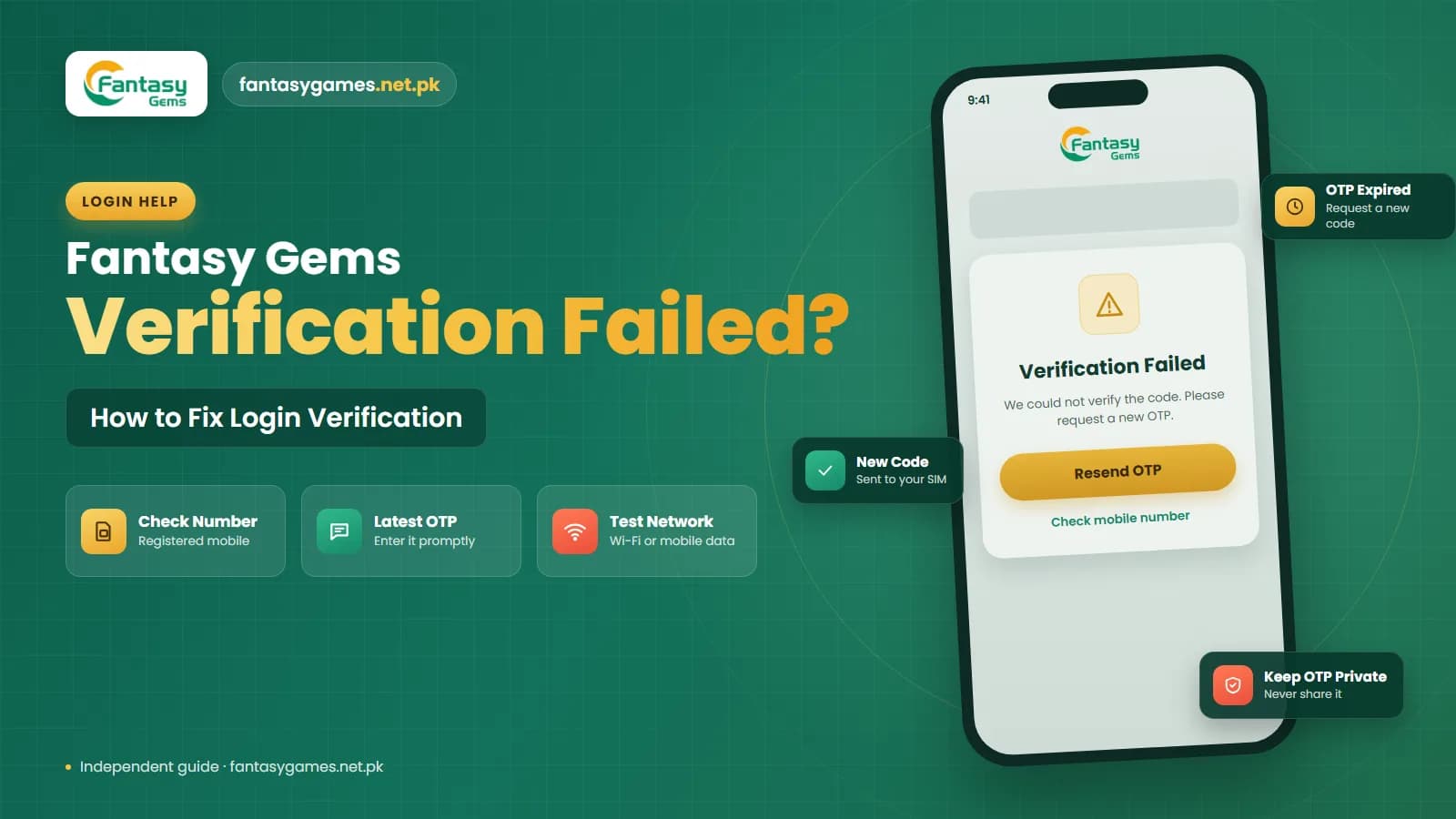 Fantasy Gems login verification failed message on a phone screen with steps to fix OTP and mobile number problems Fantasy Gems login verification failed message on a phone screen with steps to fix OTP and mobile number problems