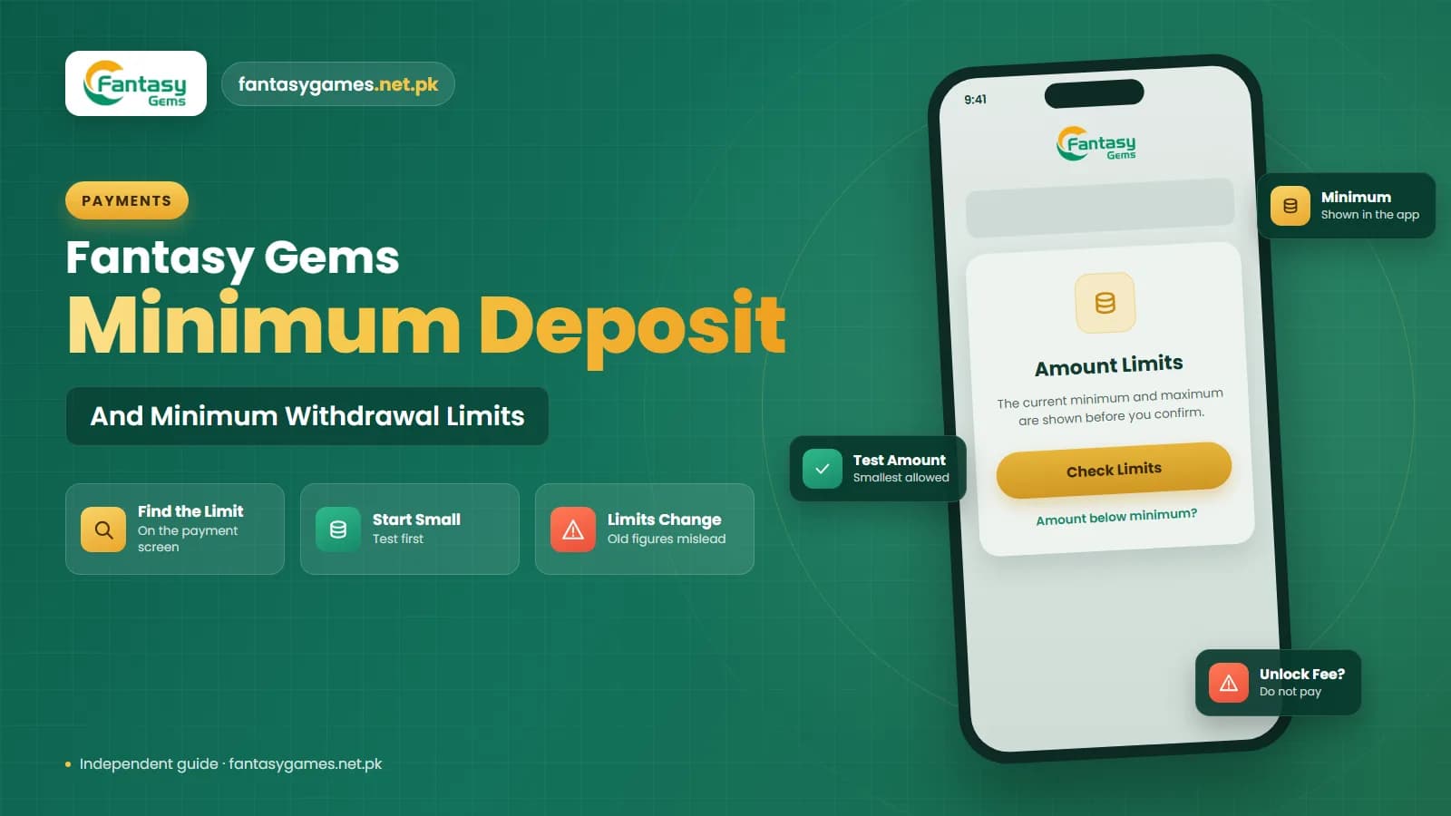 Fantasy Gems minimum deposit and minimum withdrawal limits shown on a phone wallet screen with deposit and withdraw amount fields Fantasy Gems minimum deposit and minimum withdrawal limits shown on a phone wallet screen with deposit and withdraw amount fields