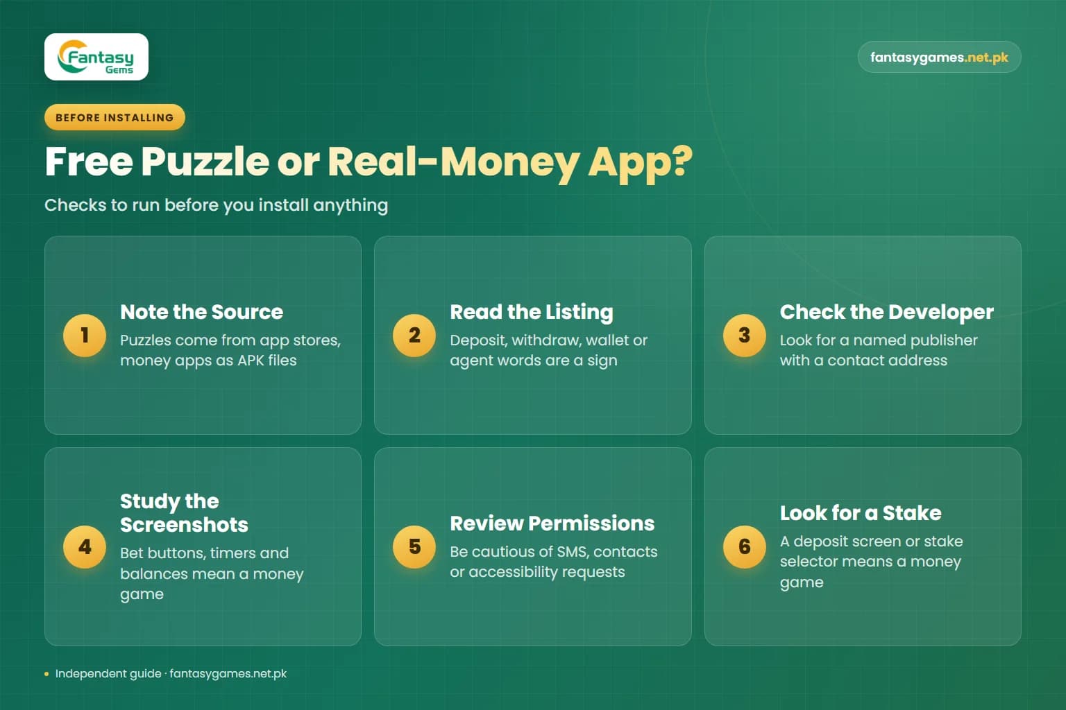 Checks that separate a free puzzle from Fantasy Gems mini-games played for money, covering source, listing and stake Checks that separate a free puzzle from Fantasy Gems mini-games played for money, covering source, listing and stake