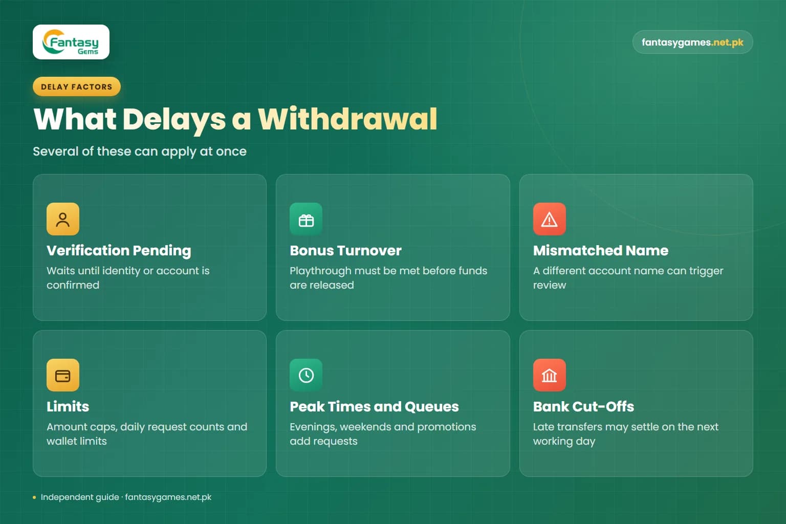 Six causes that lengthen Fantasy Gems withdrawal processing time, including verification, bonus turnover and bank cut-offs Six causes that lengthen Fantasy Gems withdrawal processing time, including verification, bonus turnover and bank cut-offs
