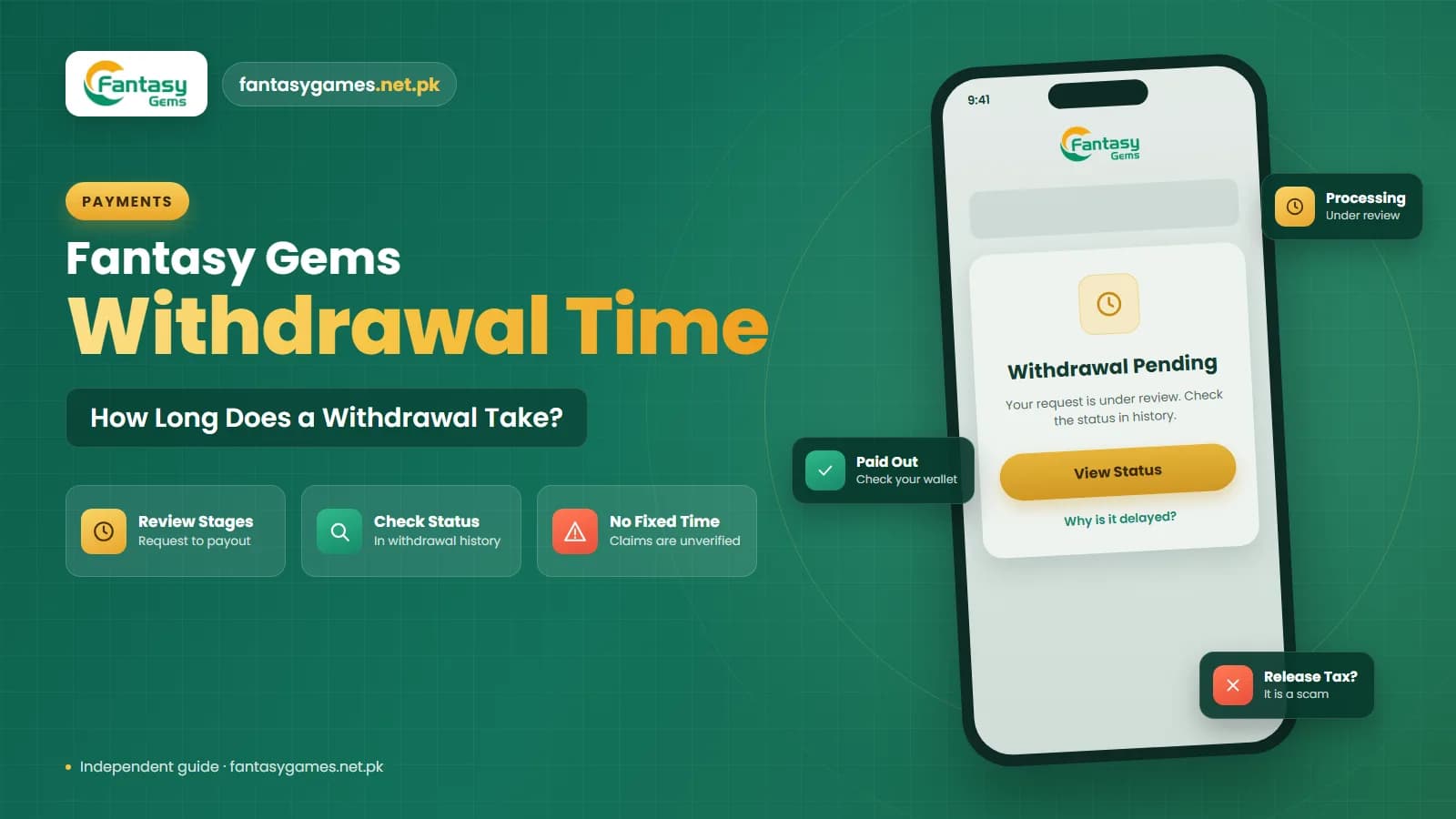Fantasy Gems withdrawal processing time timeline showing request, platform review, payout sent and wallet credit stages on a phone Fantasy Gems withdrawal processing time timeline showing request, platform review, payout sent and wallet credit stages on a phone