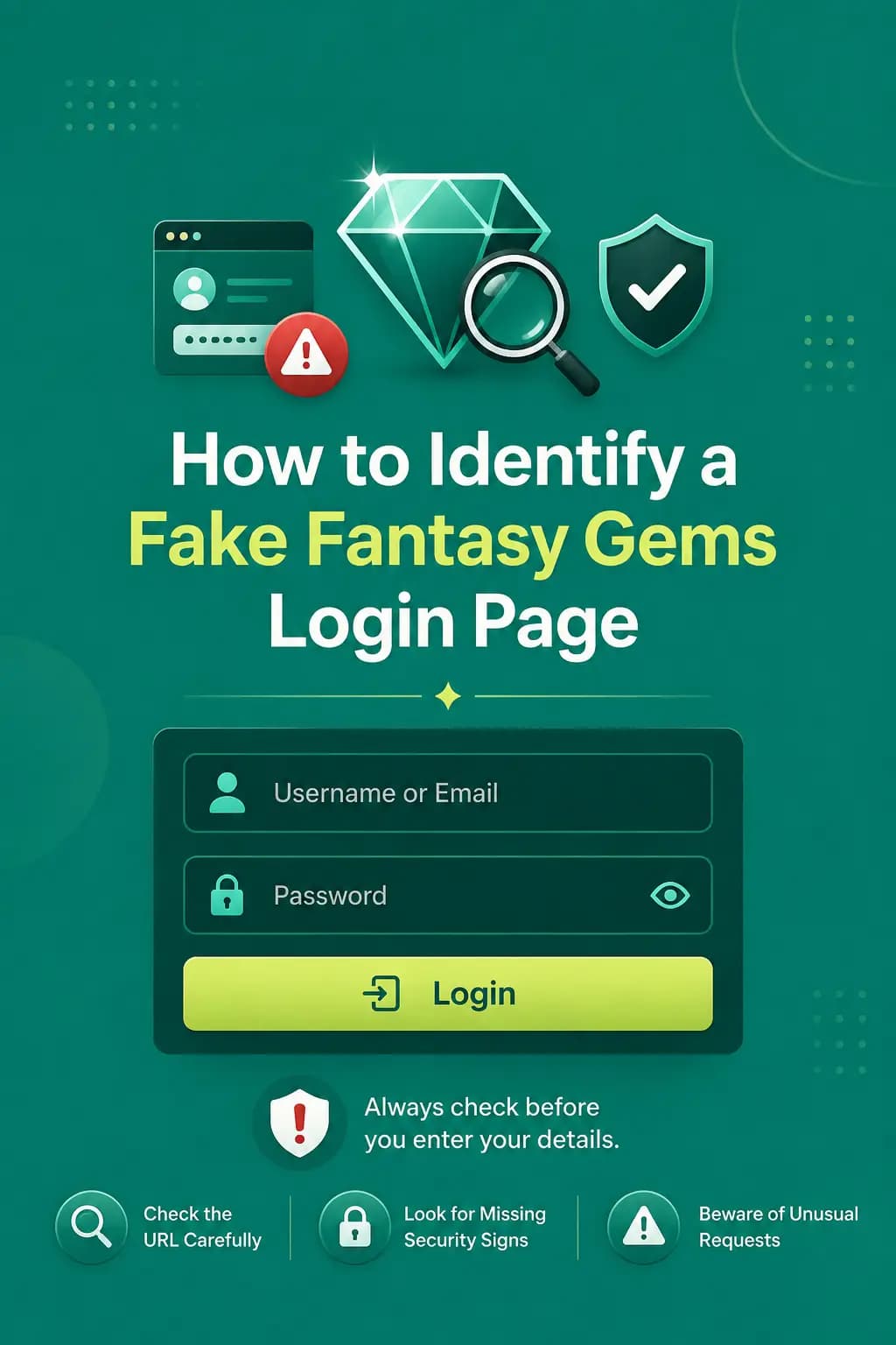 Fake Fantasy Gems login page warning graphic showing a suspicious login form Fake Fantasy Gems login page warning graphic showing a suspicious login form