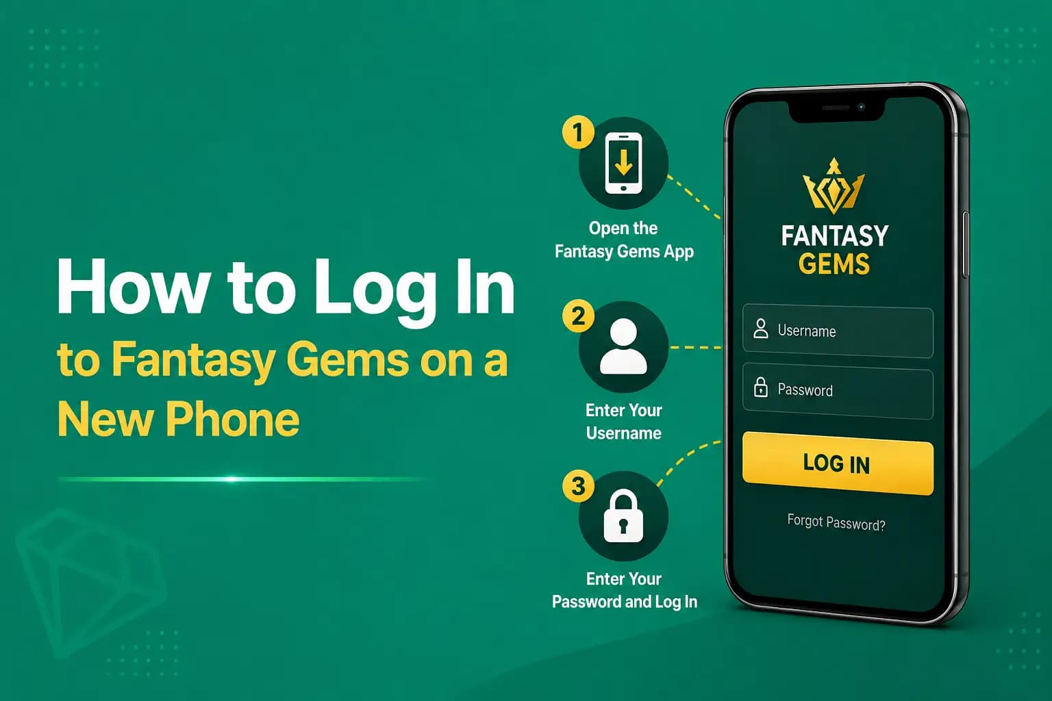 Guide graphic for logging in to Fantasy Gems on a new phone Guide graphic for logging in to Fantasy Gems on a new phone
