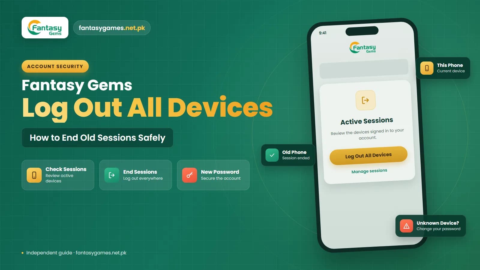 How to log out of Fantasy Gems on all devices with a list of active login sessions on a phone screen How to log out of Fantasy Gems on all devices with a list of active login sessions on a phone screen