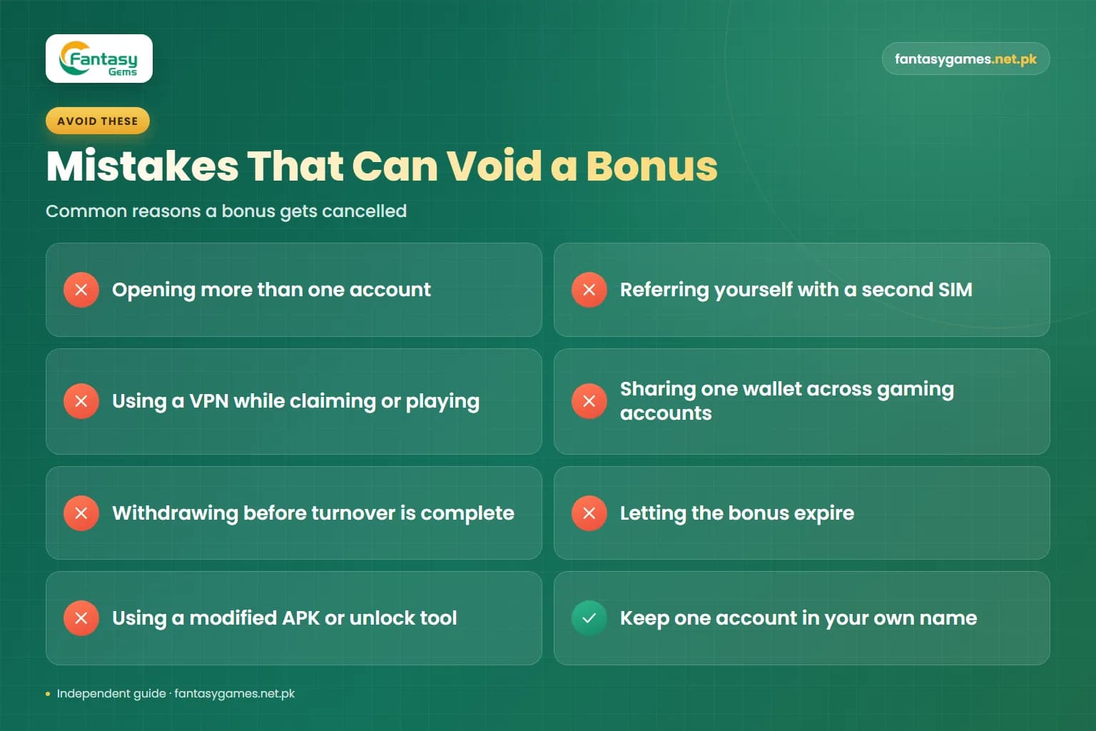 Checklist of mistakes that can void a Fantasy Gems bonus, including multiple accounts, VPN use and early withdrawals Checklist of mistakes that can void a Fantasy Gems bonus, including multiple accounts, VPN use and early withdrawals