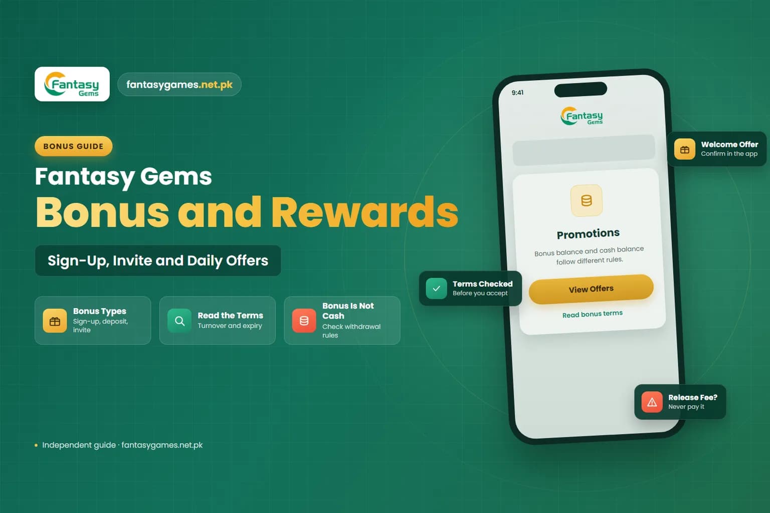 Fantasy Gems bonus guide graphic covering sign-up, invite and daily rewards and their terms Fantasy Gems bonus guide graphic covering sign-up, invite and daily rewards and their terms