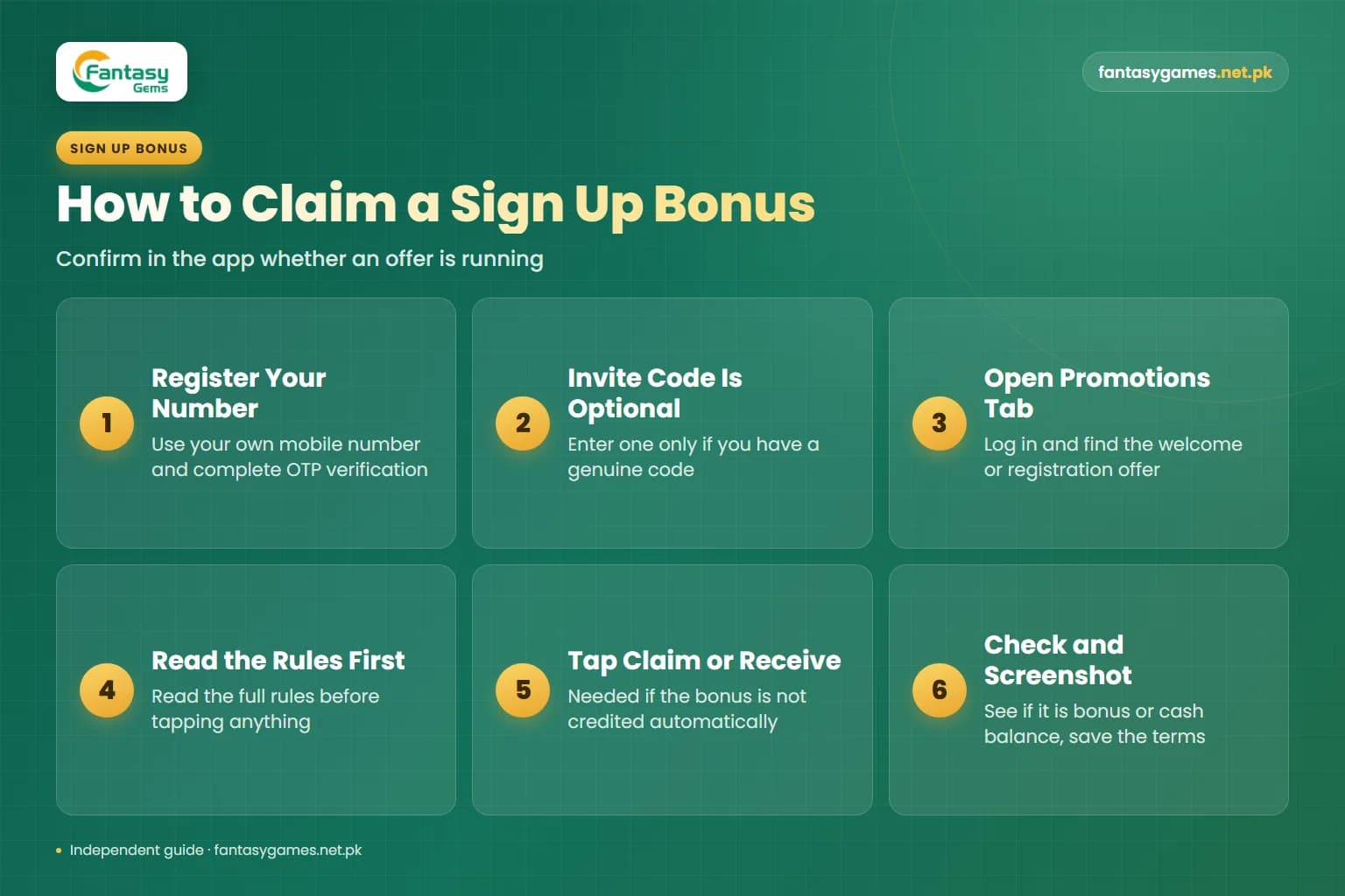 Steps to claim a Fantasy Gems bonus at sign up, from registering with OTP to checking the wallet and saving the terms Steps to claim a Fantasy Gems bonus at sign up, from registering with OTP to checking the wallet and saving the terms