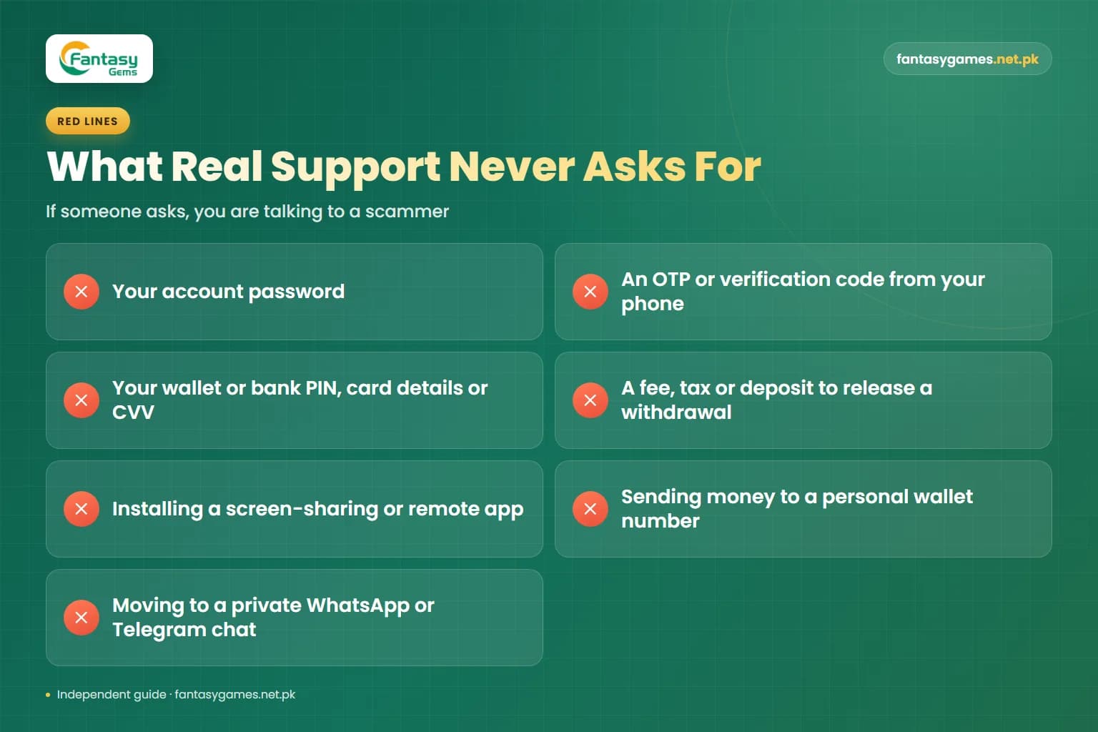 Red-flag checklist of requests genuine Fantasy Gems customer care never makes, such as passwords, OTPs, PINs and fees Red-flag checklist of requests genuine Fantasy Gems customer care never makes, such as passwords, OTPs, PINs and fees