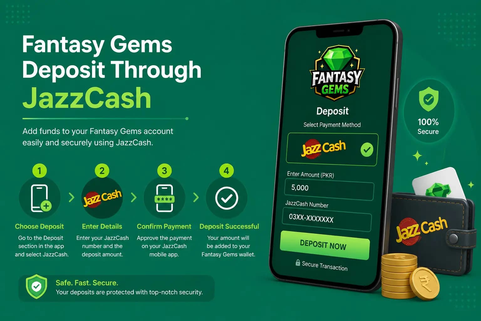 Fantasy Gems deposit via JazzCash step-by-step graphic Fantasy Gems deposit via JazzCash step-by-step graphic