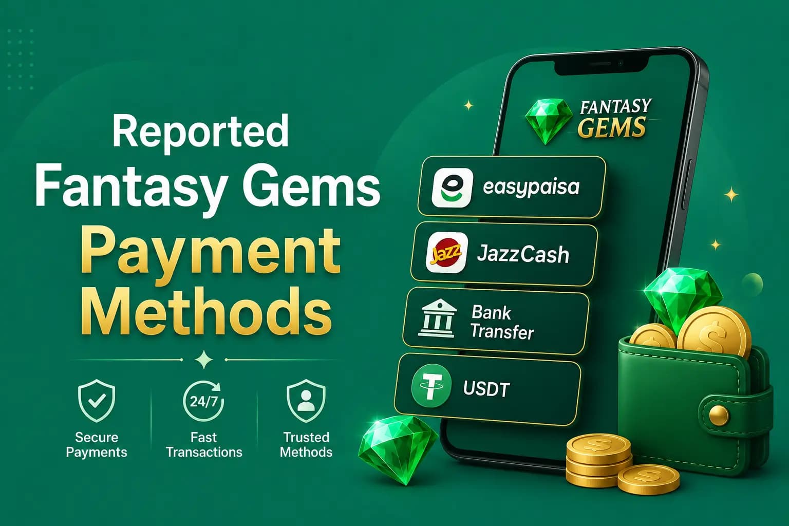 Fantasy Gems deposit payment methods graphic including JazzCash, Easypaisa and bank transfer Fantasy Gems deposit payment methods graphic including JazzCash, Easypaisa and bank transfer