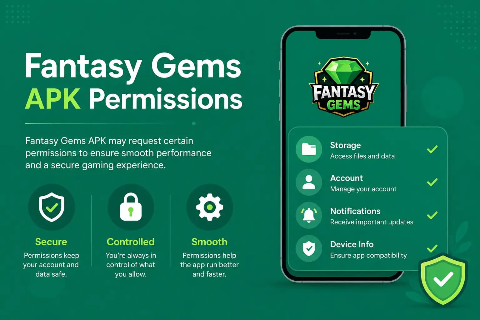 Graphic listing safe and risky Android app permissions requested by the Fantasy Gems APK Graphic listing safe and risky Android app permissions requested by the Fantasy Gems APK