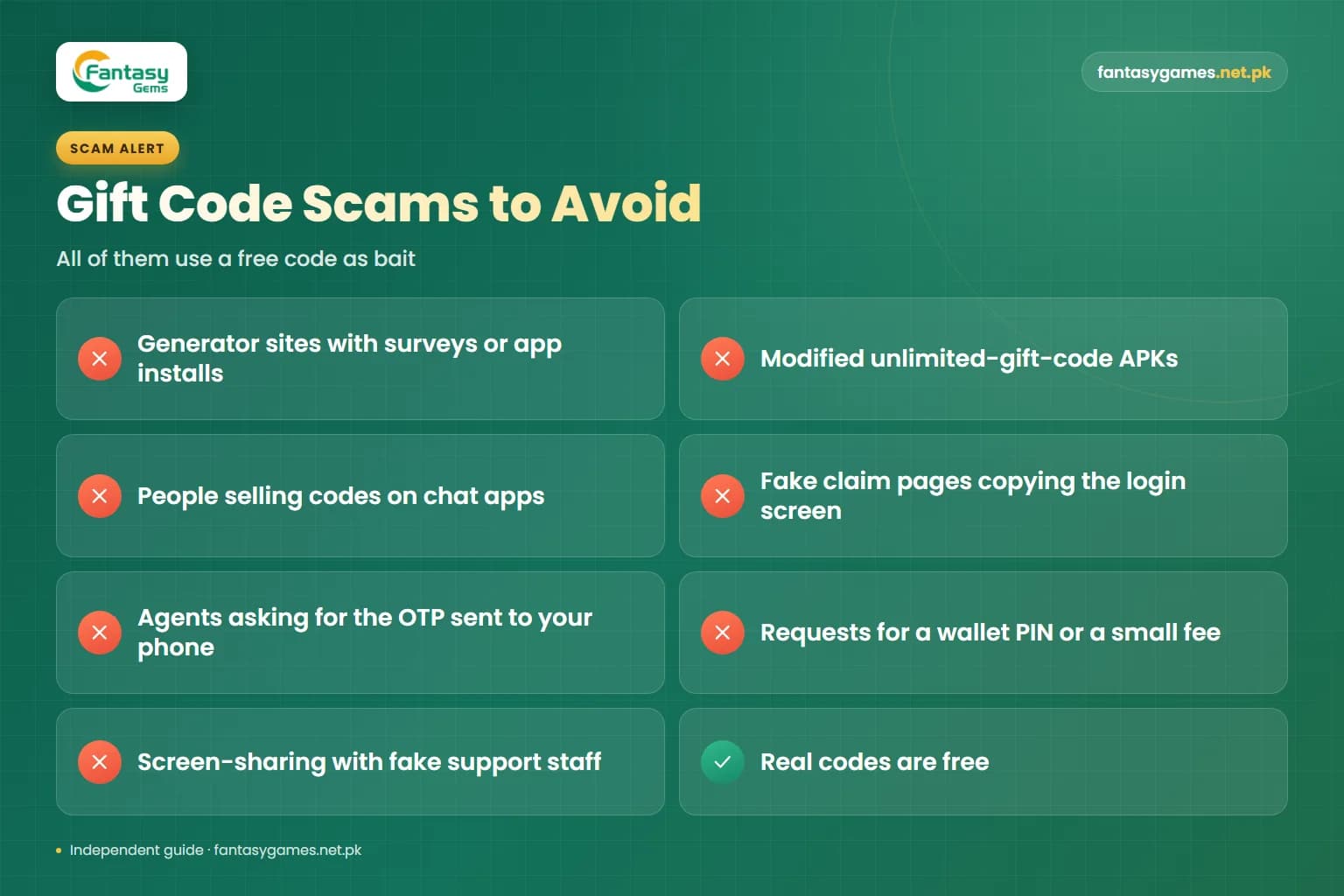 Fantasy Gems game gift code scams checklist covering fake generators, code sellers, cloned login pages and OTP requests Fantasy Gems game gift code scams checklist covering fake generators, code sellers, cloned login pages and OTP requests