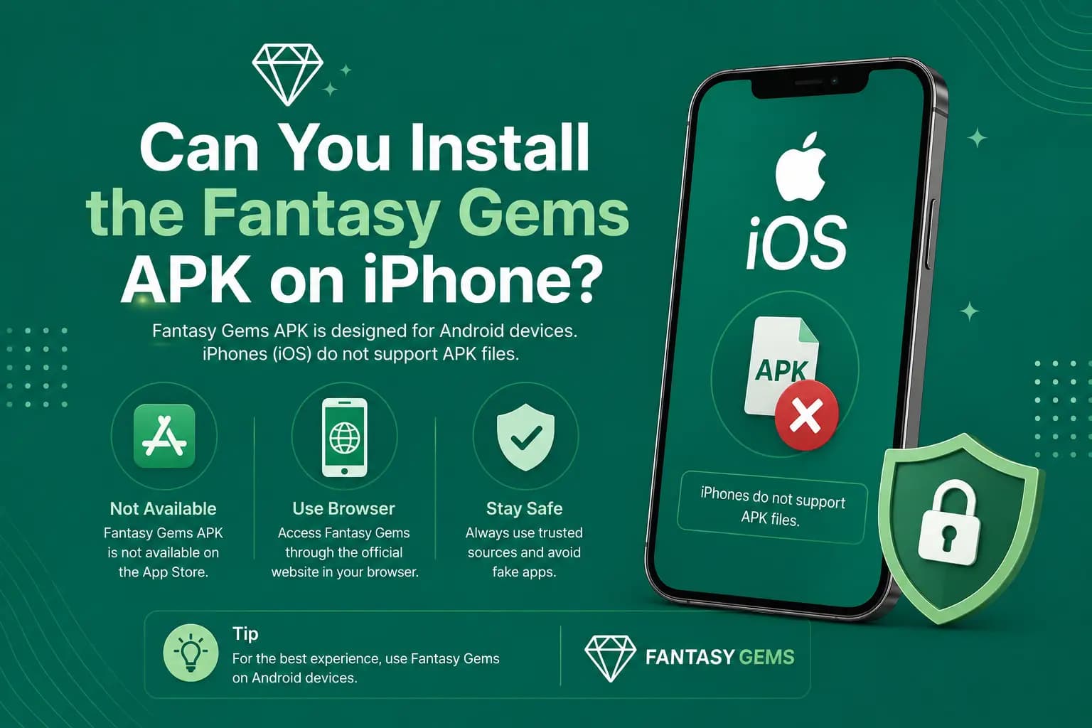 Graphic explaining why the Android Fantasy Gems APK cannot be installed on an iPhone Graphic explaining why the Android Fantasy Gems APK cannot be installed on an iPhone