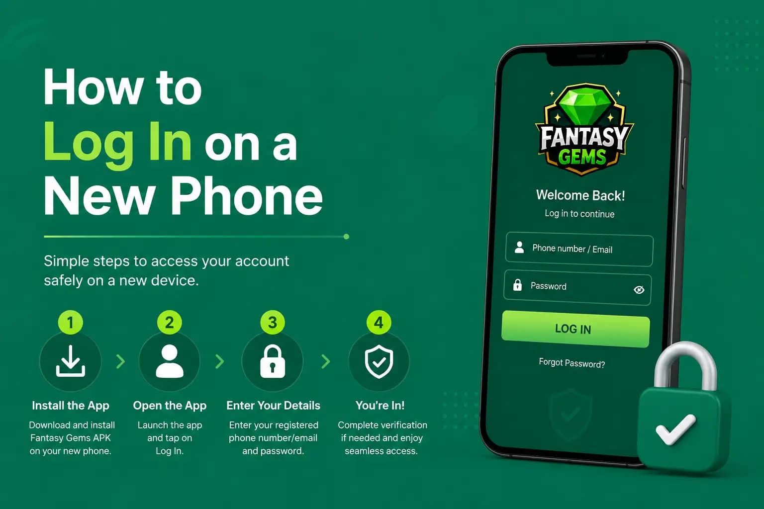 Graphic showing how to log in to Fantasy Gems on a new phone safely Graphic showing how to log in to Fantasy Gems on a new phone safely