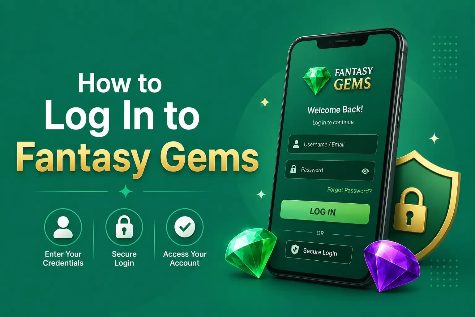 Step-by-step graphic for logging in to the Fantasy Gems app with mobile number and OTP Step-by-step graphic for logging in to the Fantasy Gems app with mobile number and OTP