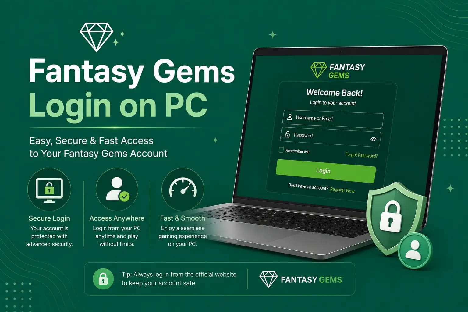 Fantasy Gems login on PC steps graphic Fantasy Gems login on PC steps graphic