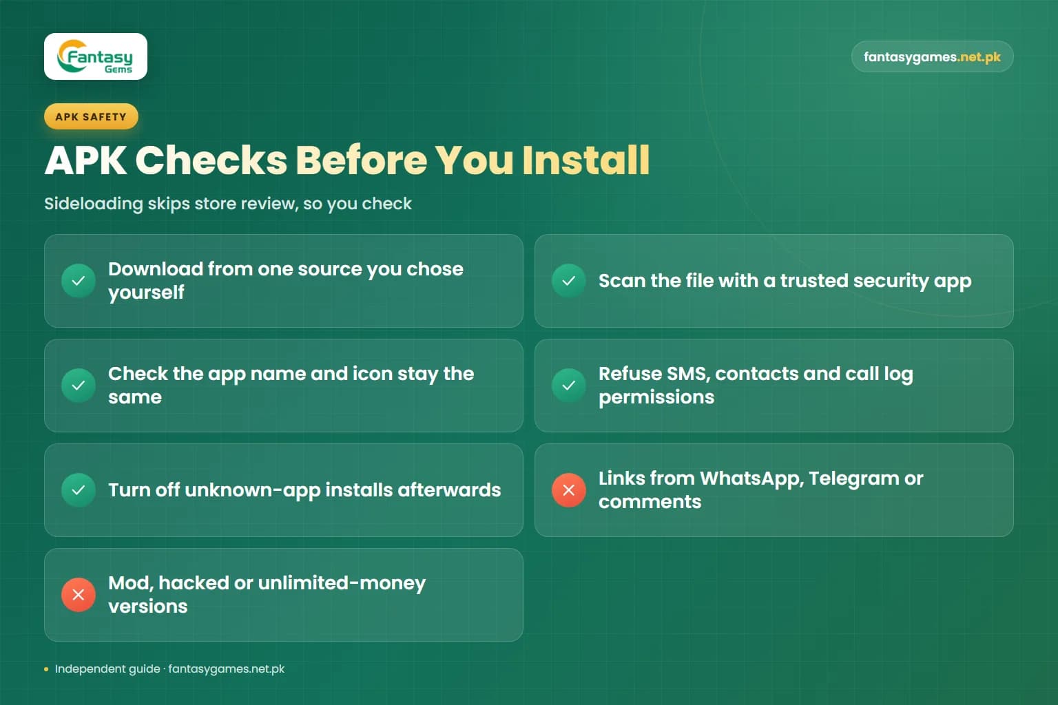 APK install safety checklist from the Fantasy Gems real or fake review covering file scans, permissions and mod versions APK install safety checklist from the Fantasy Gems real or fake review covering file scans, permissions and mod versions