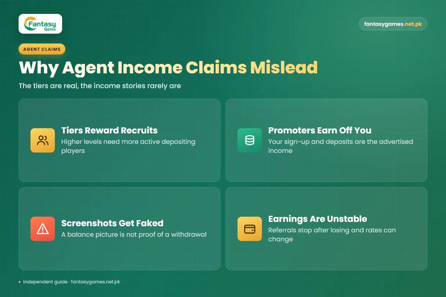 Four reasons agent income claims are exaggerated, shown as cards in this Fantasy Gems referral rewards explainer Four reasons agent income claims are exaggerated, shown as cards in this Fantasy Gems referral rewards explainer