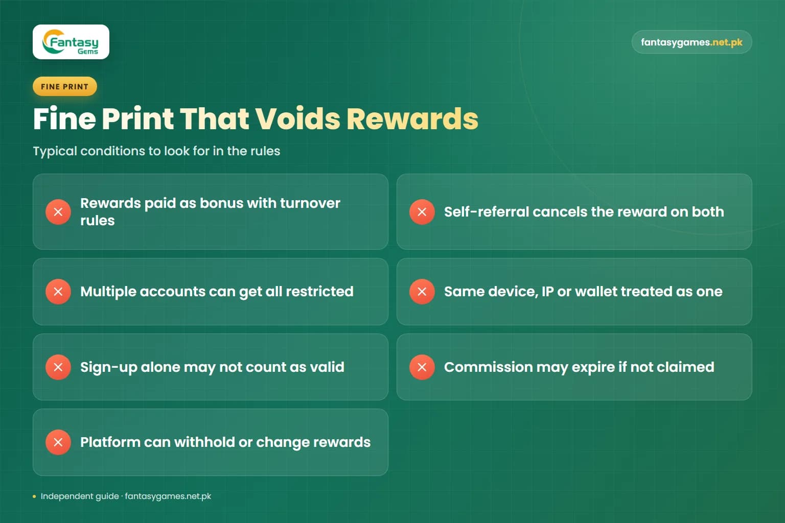 Fine print that commonly voids Fantasy Gems referral rewards, such as self-referral and shared device accounts Fine print that commonly voids Fantasy Gems referral rewards, such as self-referral and shared device accounts