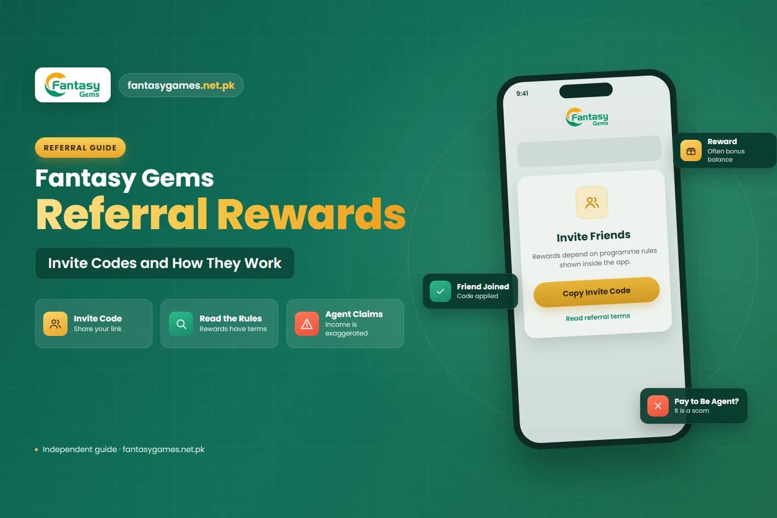 Fantasy Gems referral rewards graphic showing an invite code and programme rules Fantasy Gems referral rewards graphic showing an invite code and programme rules
