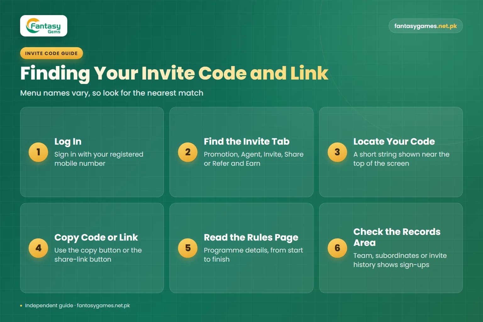 Steps to find your invite code and invitation link in the app, from the Fantasy Gems referral rewards guide Steps to find your invite code and invitation link in the app, from the Fantasy Gems referral rewards guide