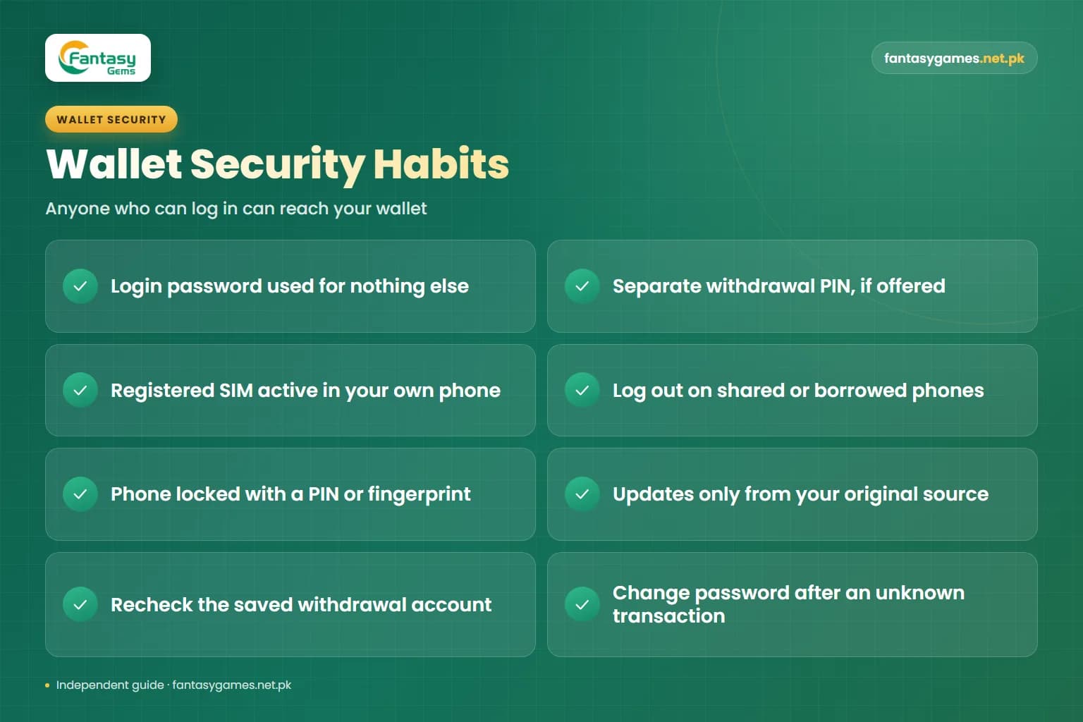 Fantasy Gems wallet security checklist covering unique passwords, withdrawal PIN, SIM control and phone lock Fantasy Gems wallet security checklist covering unique passwords, withdrawal PIN, SIM control and phone lock