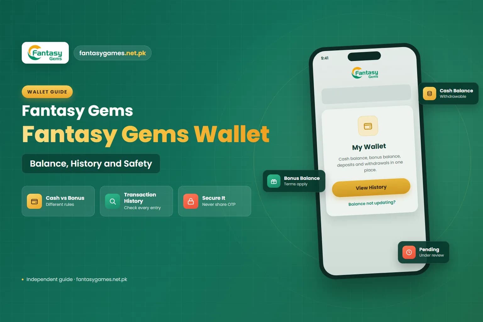 Fantasy Gems wallet graphic showing cash balance, bonus balance and transaction history Fantasy Gems wallet graphic showing cash balance, bonus balance and transaction history