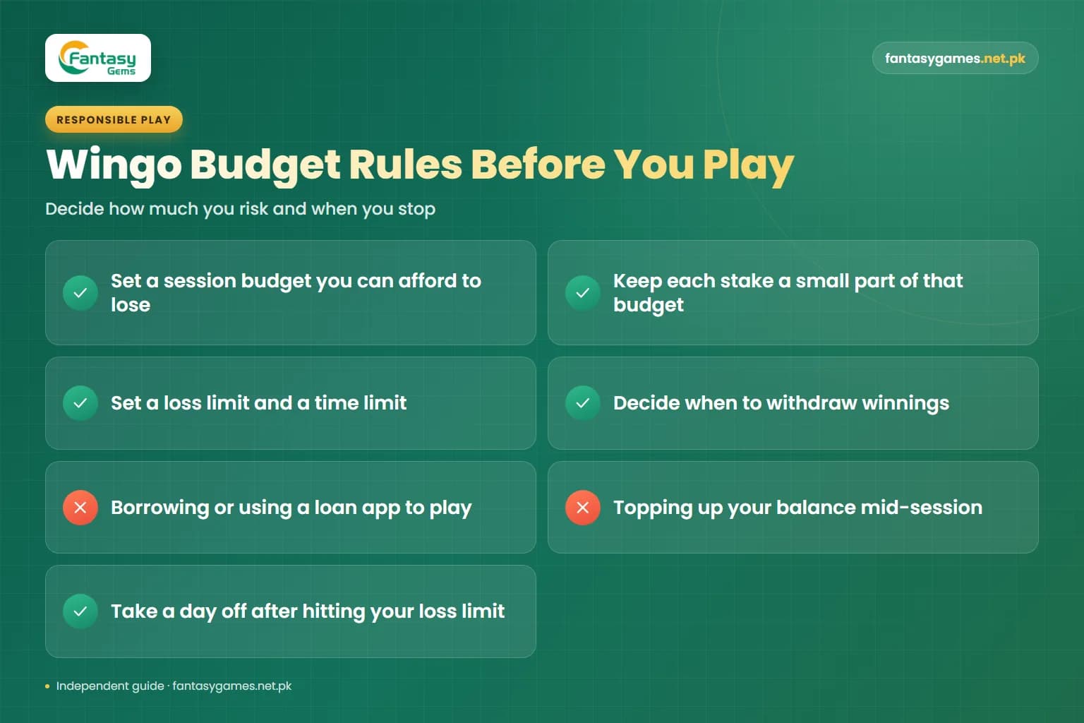 Budget checklist for the Fantasy Gems Wingo game covering session limits, small stakes, loss limits and never borrowing Budget checklist for the Fantasy Gems Wingo game covering session limits, small stakes, loss limits and never borrowing