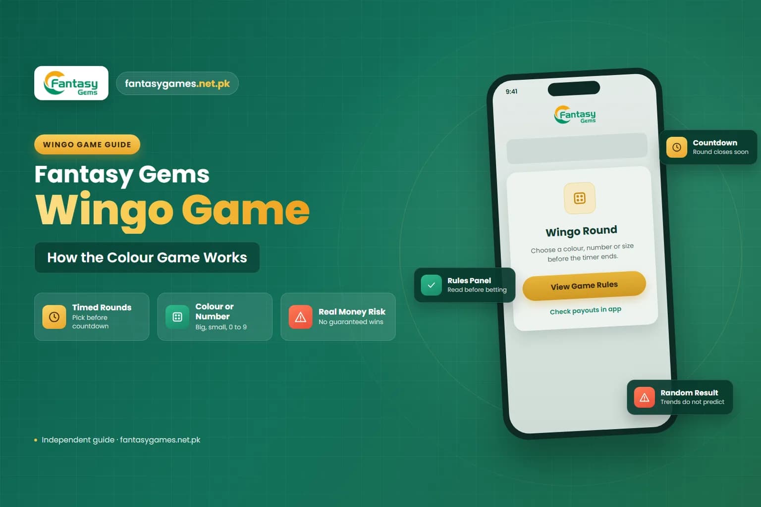 Fantasy Gems Wingo game guide graphic showing a timed colour and number prediction round Fantasy Gems Wingo game guide graphic showing a timed colour and number prediction round