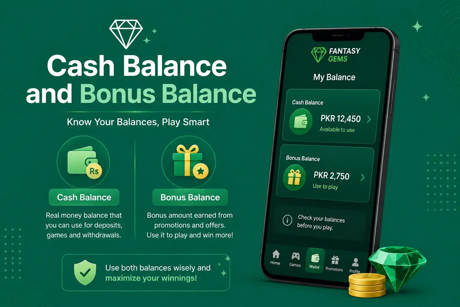 Graphic explaining the difference between cash balance and bonus balance in the Fantasy Gems wallet Graphic explaining the difference between cash balance and bonus balance in the Fantasy Gems wallet