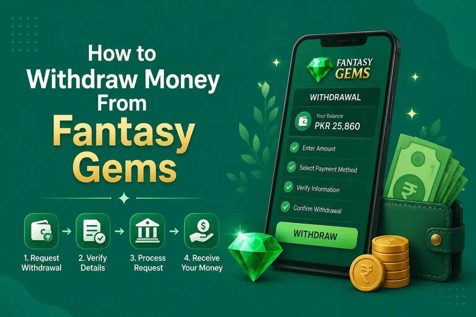Step-by-step graphic showing how to withdraw money from a Fantasy Gems account Step-by-step graphic showing how to withdraw money from a Fantasy Gems account